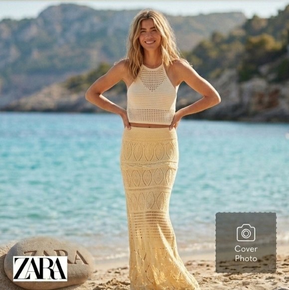 Zara Dresses & Skirts - ​Zara Pale Yellow Crochet Knit Maxi Skirt Boho High Waisted Cream NWT Large